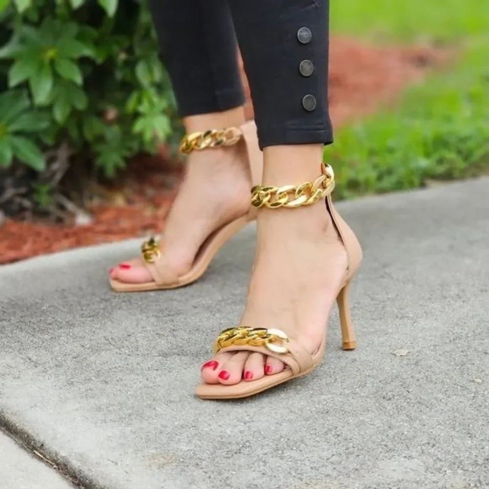 Womens Ankle Strap Heels Chains Stiletto Sandals Nude Color - Picture 2 of 5